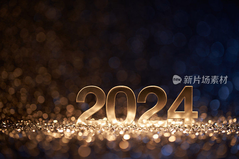 闪闪发光的新年快乐2024 -圣诞金蓝色闪光庆祝活动